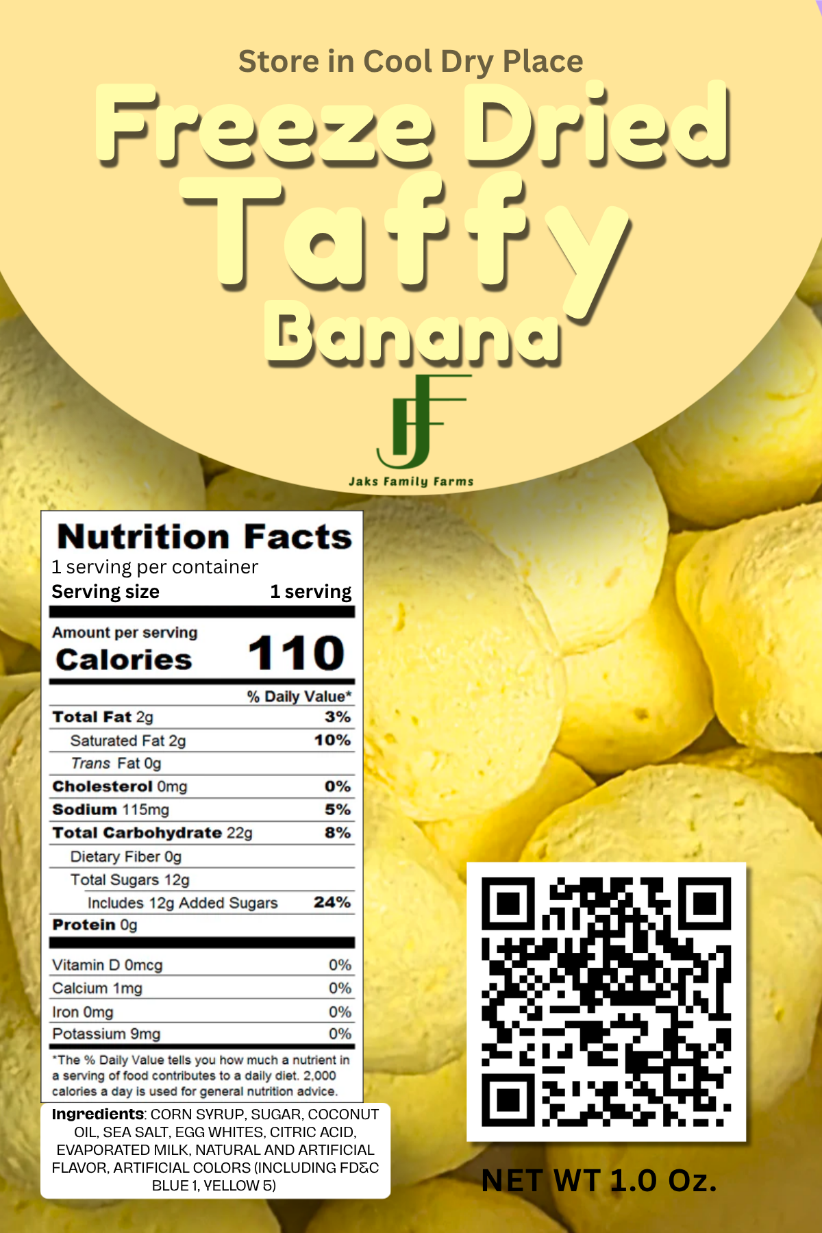 Label for freeze-dried taffy banana with nutrition facts