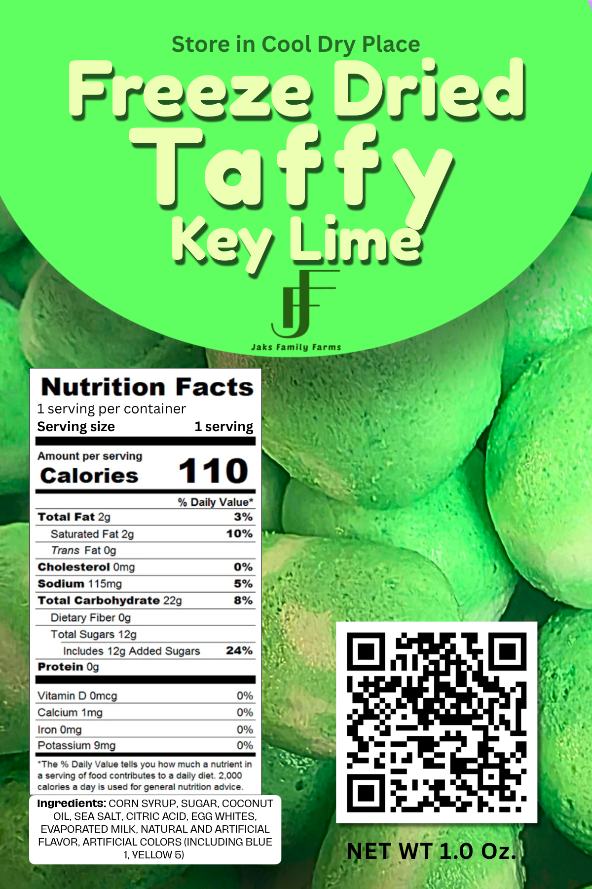 Key Lime freeze-dried taffy with nutrition facts label