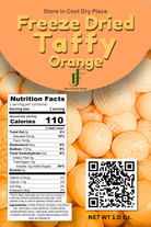 Orange freeze-dried orange taffy packaging with nutrition facts