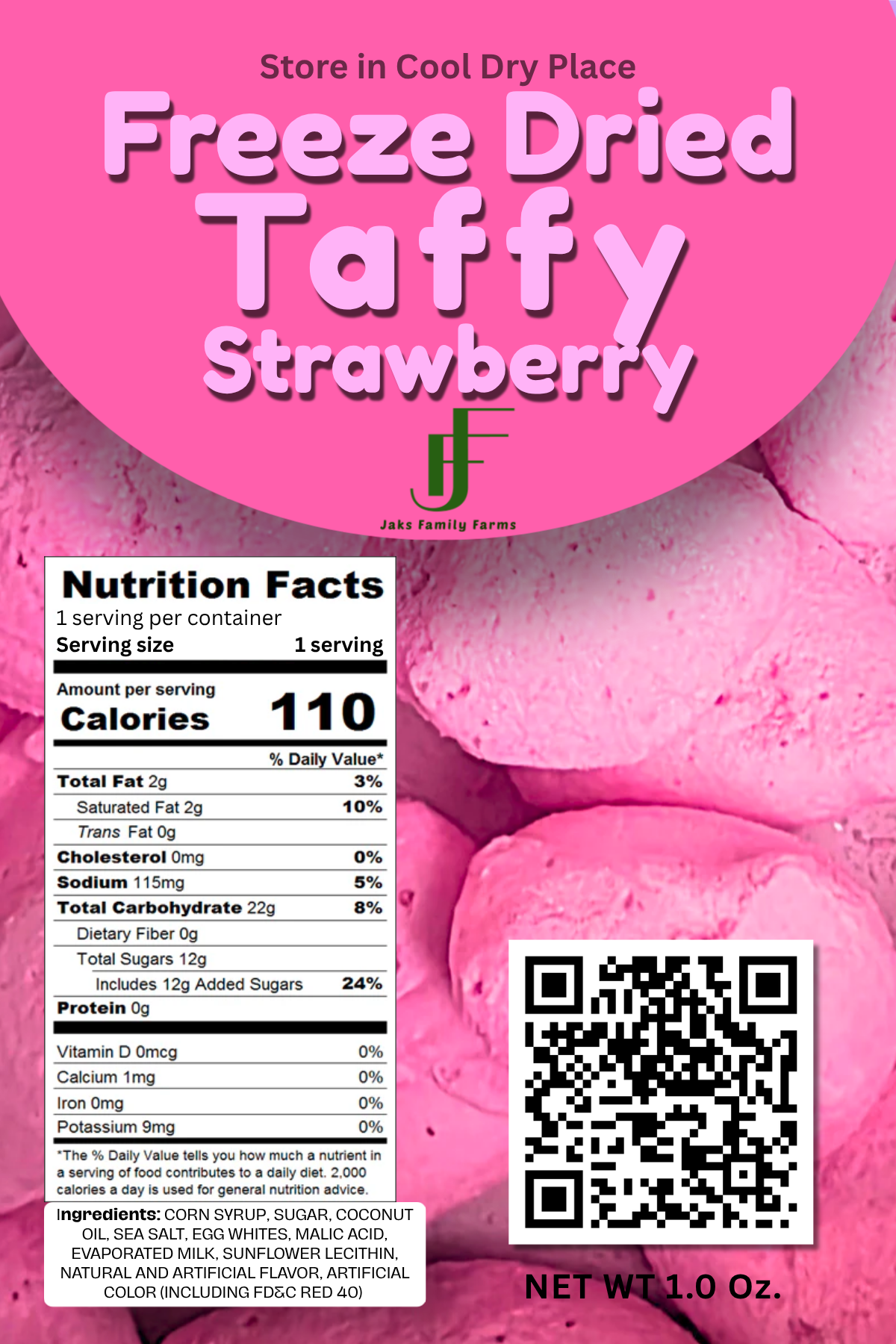 Pink freeze-dried taffy packaging with nutrition facts and QR code on a pink background