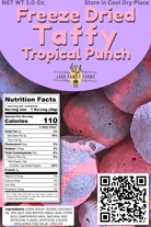 Freeze-dried taffy in tropical punch flavor with nutritional information and QR code on packaging.