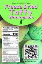 Freeze dried taffy watermelon packaging with nutritional information and QR code.