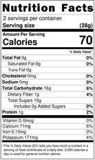 Nutrition facts label for a product with 70 calories per serving, 0g fat, 0g sodium, and various other nutrients.