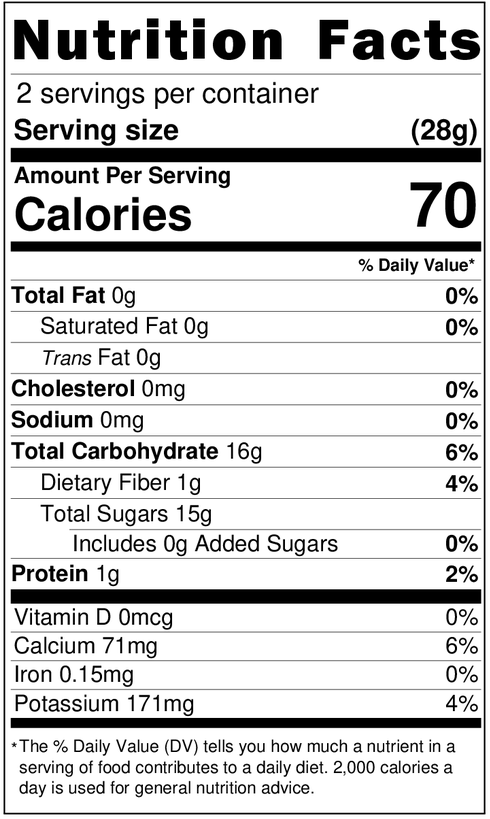 Nutrition facts label for a product with 70 calories per serving, 0g fat, 0g sodium, and various other nutrients.