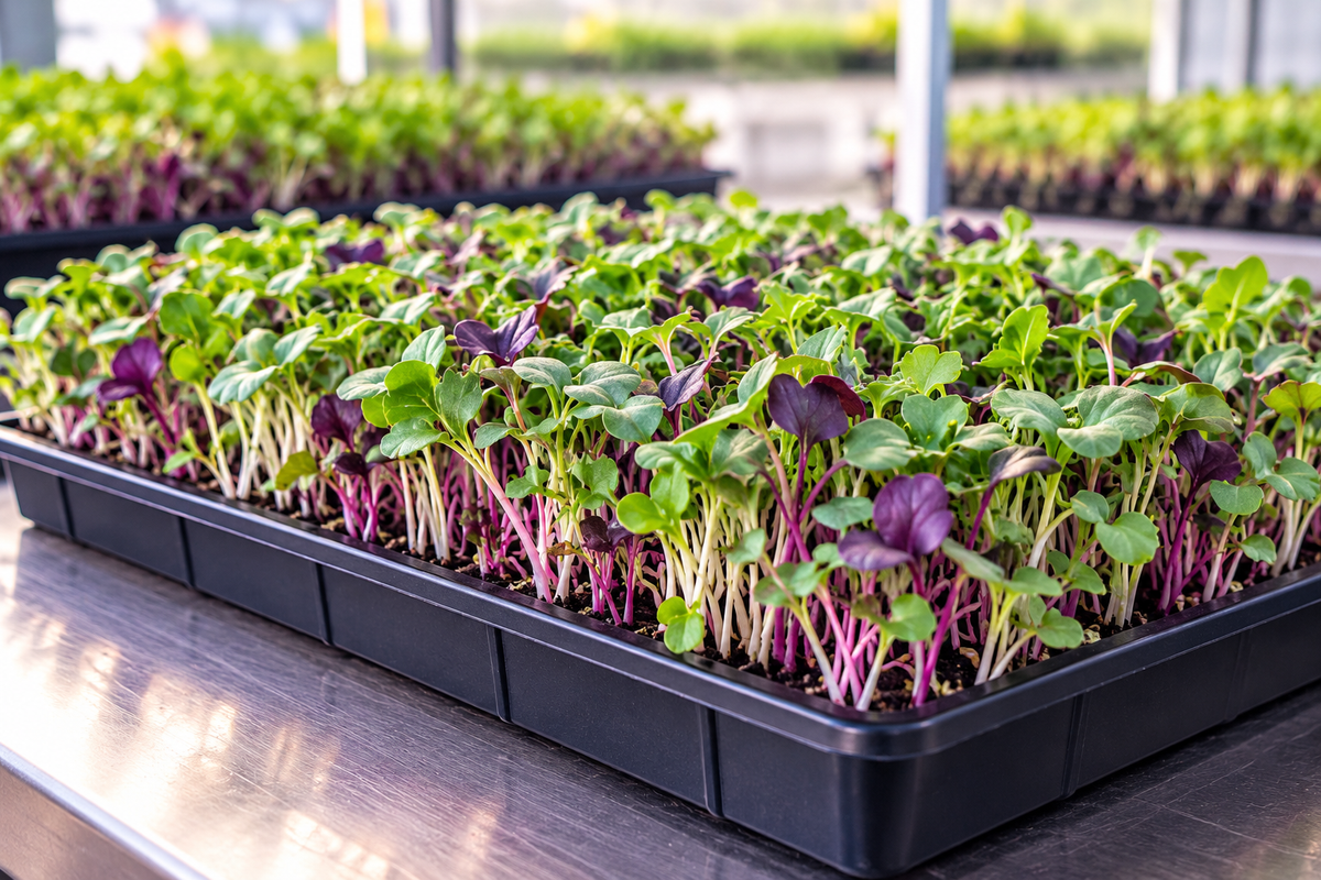 A tray of assorted microgreens that are a mix of green and purple