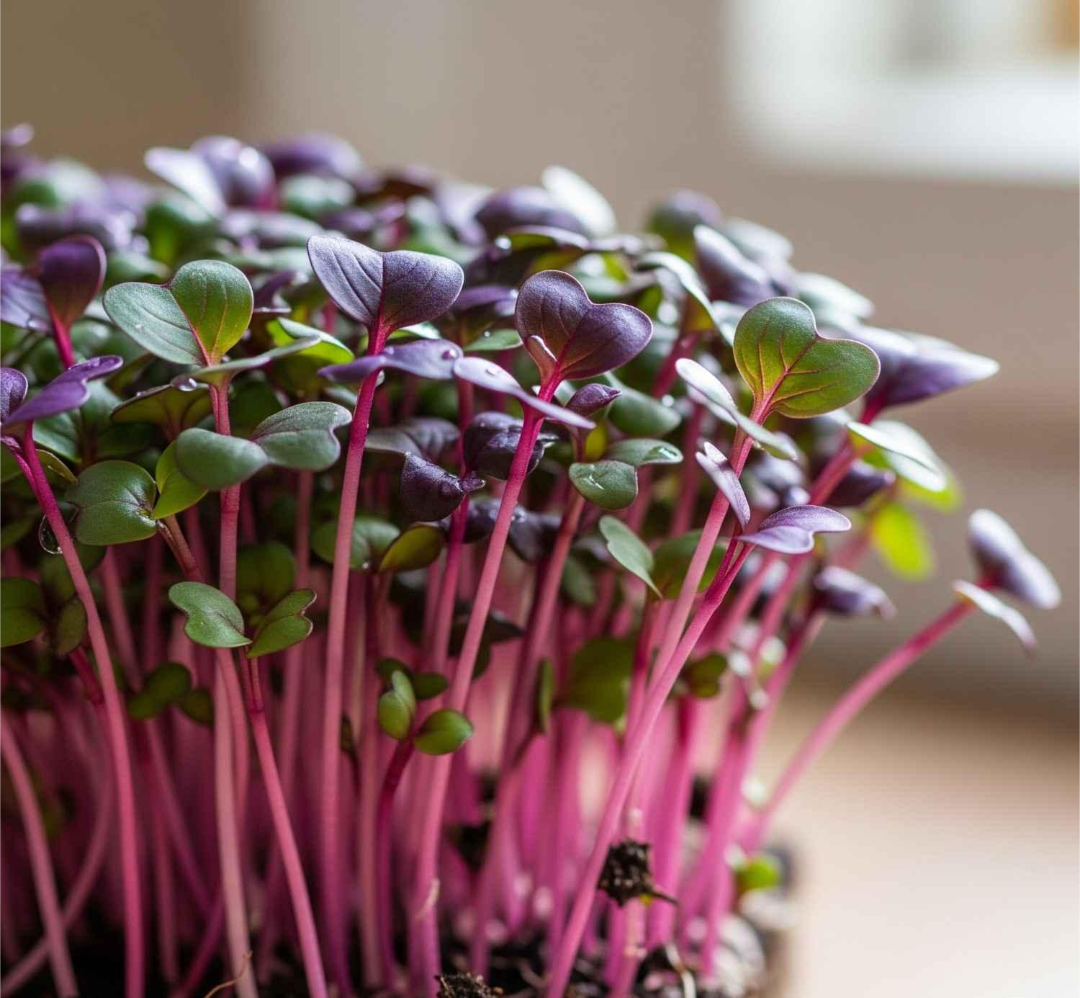 Rambow Radish microgreens growing indoors with a window visible in the background