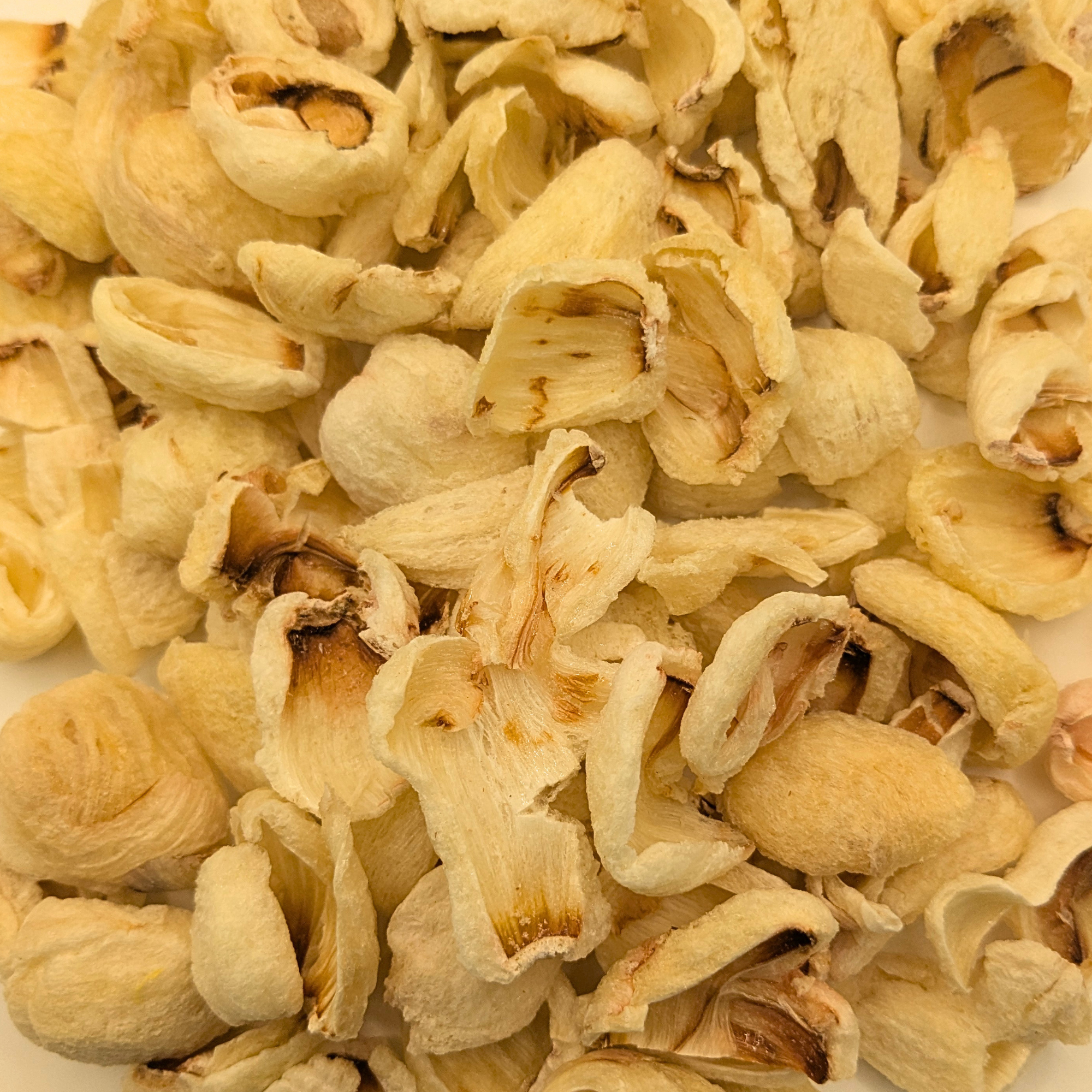 Freeze dried lychee berries, which are a tan color with a crunchy texture