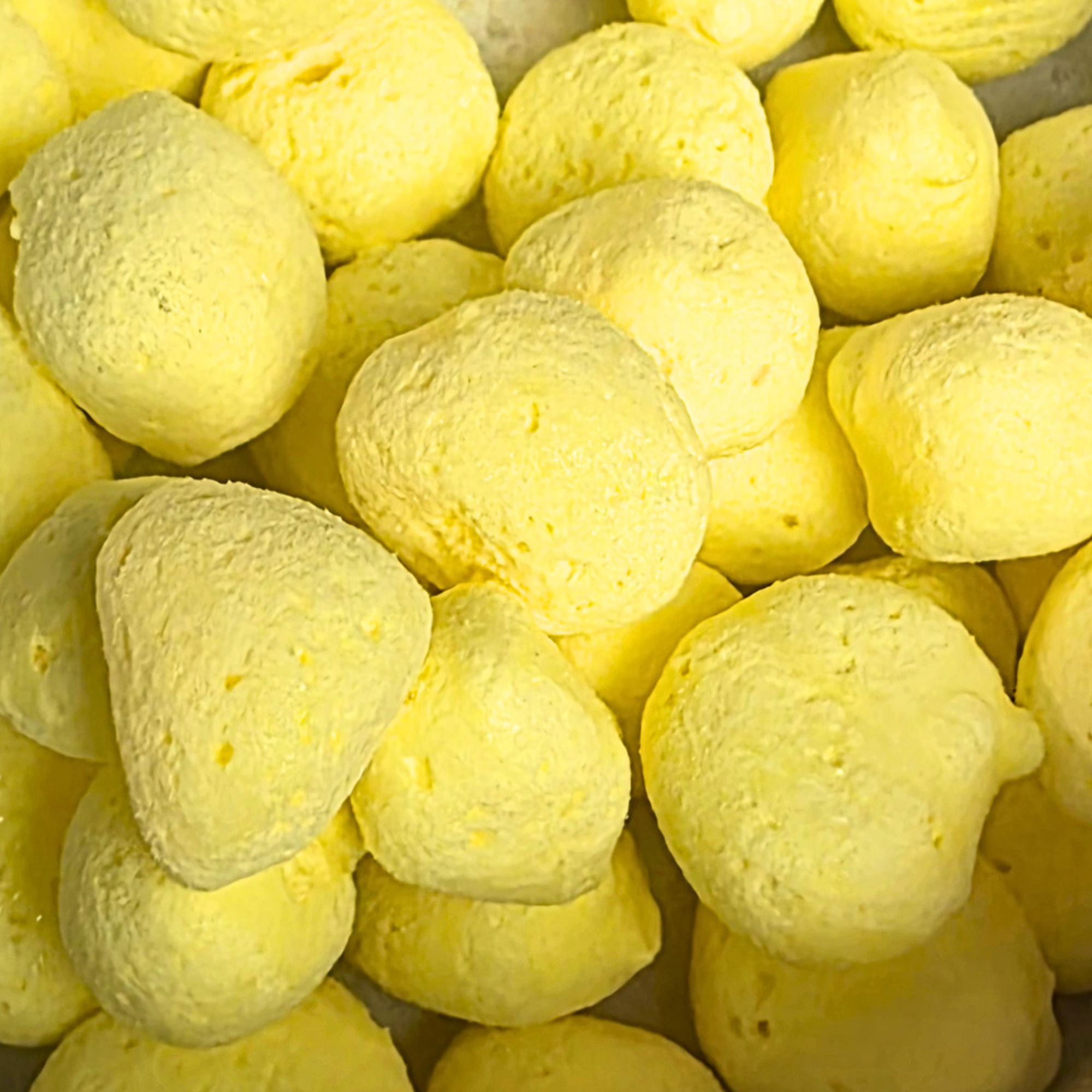 Freeze dried banana taffy, which is fluffy and yellow