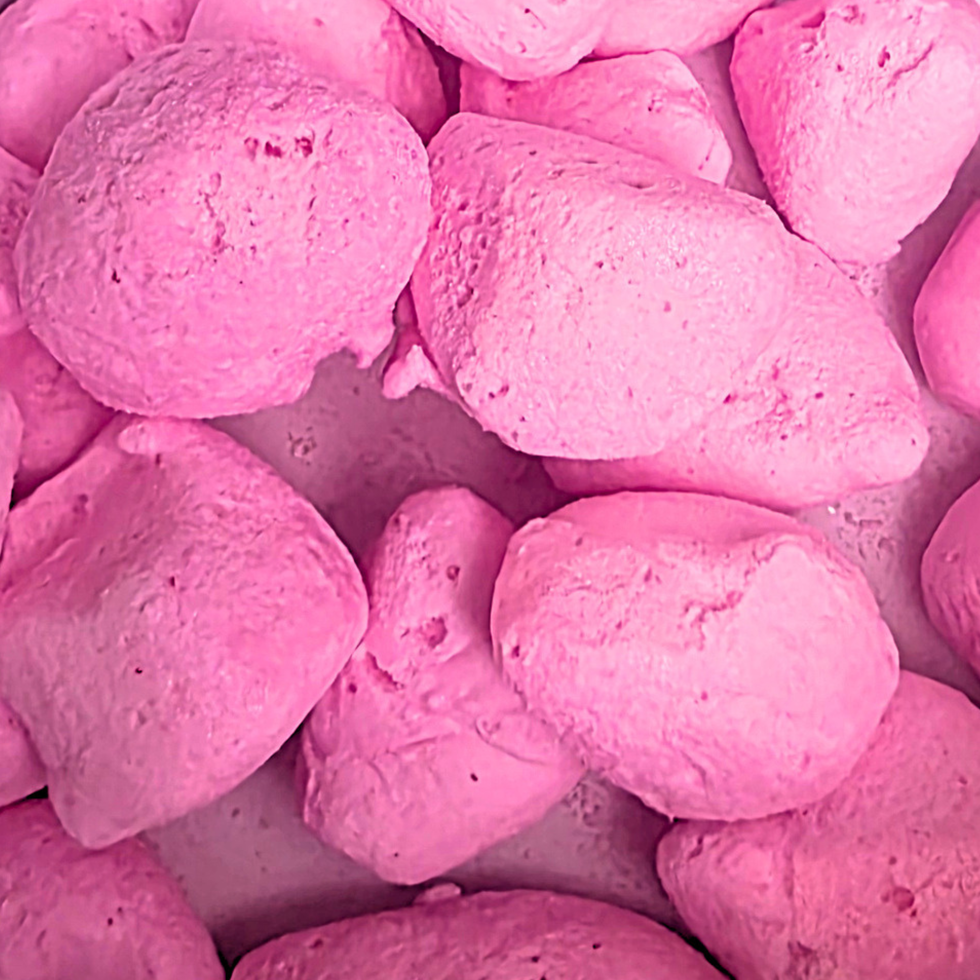 Freeze dried strawberry taffy, which is fluffy and pink